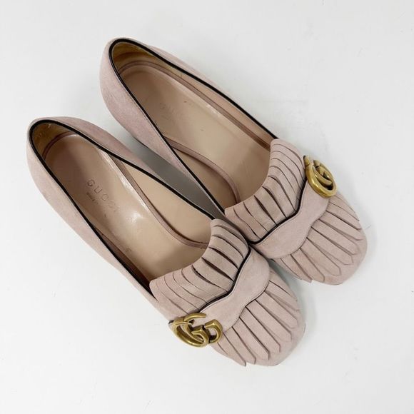 Gucci Pink Heeled Loafers with Gold Accent - Picture 2 of 14